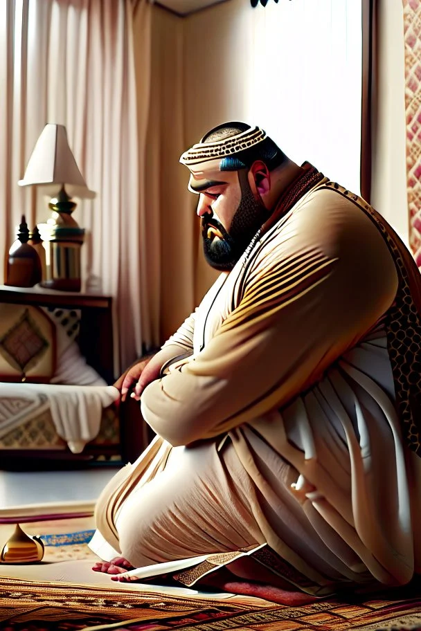 close up photography of a Burly arab 26 year old stocky short chubby man on his knees, short beard, dressed in an brown economic traditional caftan with pants and sandals, photorealistic, ambient occlusion, in a simple living room, ambient occlusion, side view from the bottom