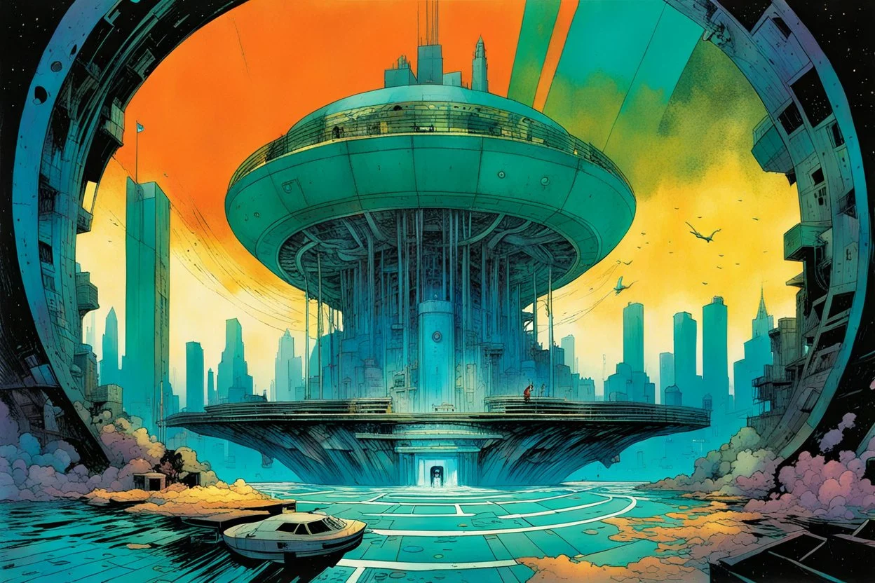 create a wildly abstract and chaotic illustration of an inter-dimensional portal to the highly detailed lost city of Atlantis, utilizing asymmetric structural forms, in the comic book art style of Bill Sienkiewicz, Mike Mignola, and Jean Giraud Moebius, finely textured, drawn, colored, and inked