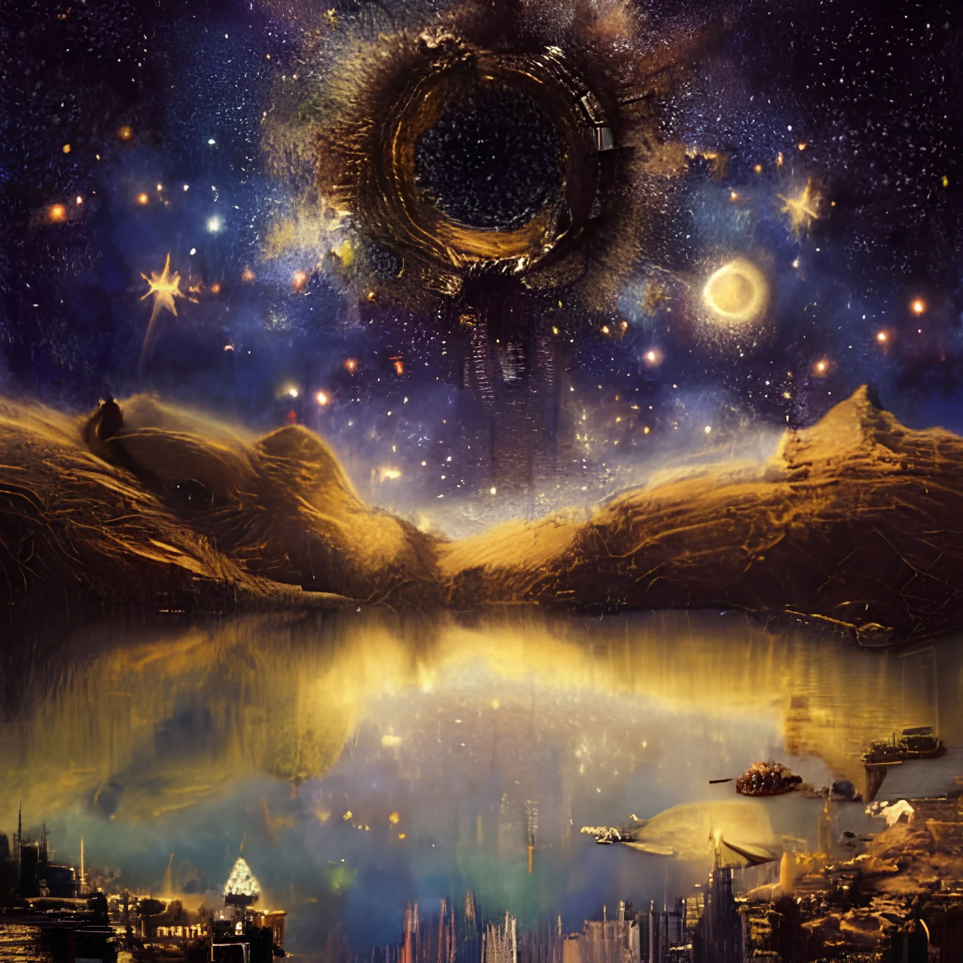 Amazing starry night above a Breathtaking cityscape by the lake, stunning reflection, full Moon, stars, milky way!!!" a breathtaking artwork by Brian Froud, Ferez, Arthur Rackham, Beeple, Epic scale, highly detailed, clear environment, triadic colors cinematic light 16k resolution, trending on artstation