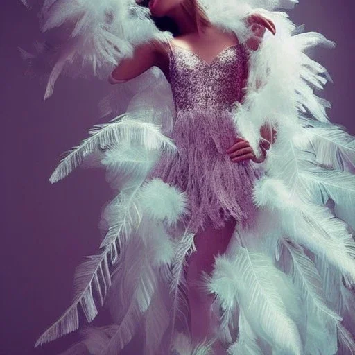 dress made out of feathers, sequins and tulle, stunning colors, chiaroscuro, fashion photography, vogue, dramatic, beautiful lighting, delicate composition, aesthetic, ballerina, ballgown