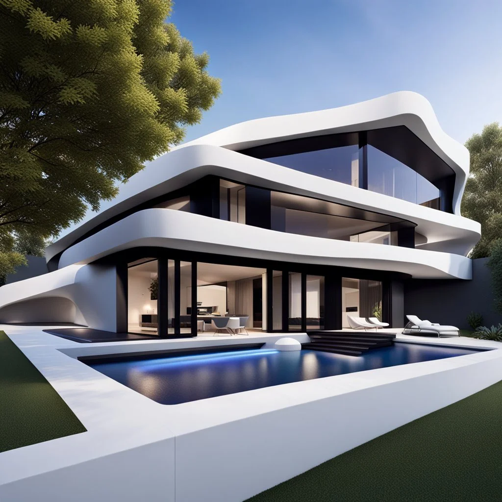 Fachada frontal de una casa campestre moderna, estilo Zaha Hadid,bminimalista,calidad ultra, 12k