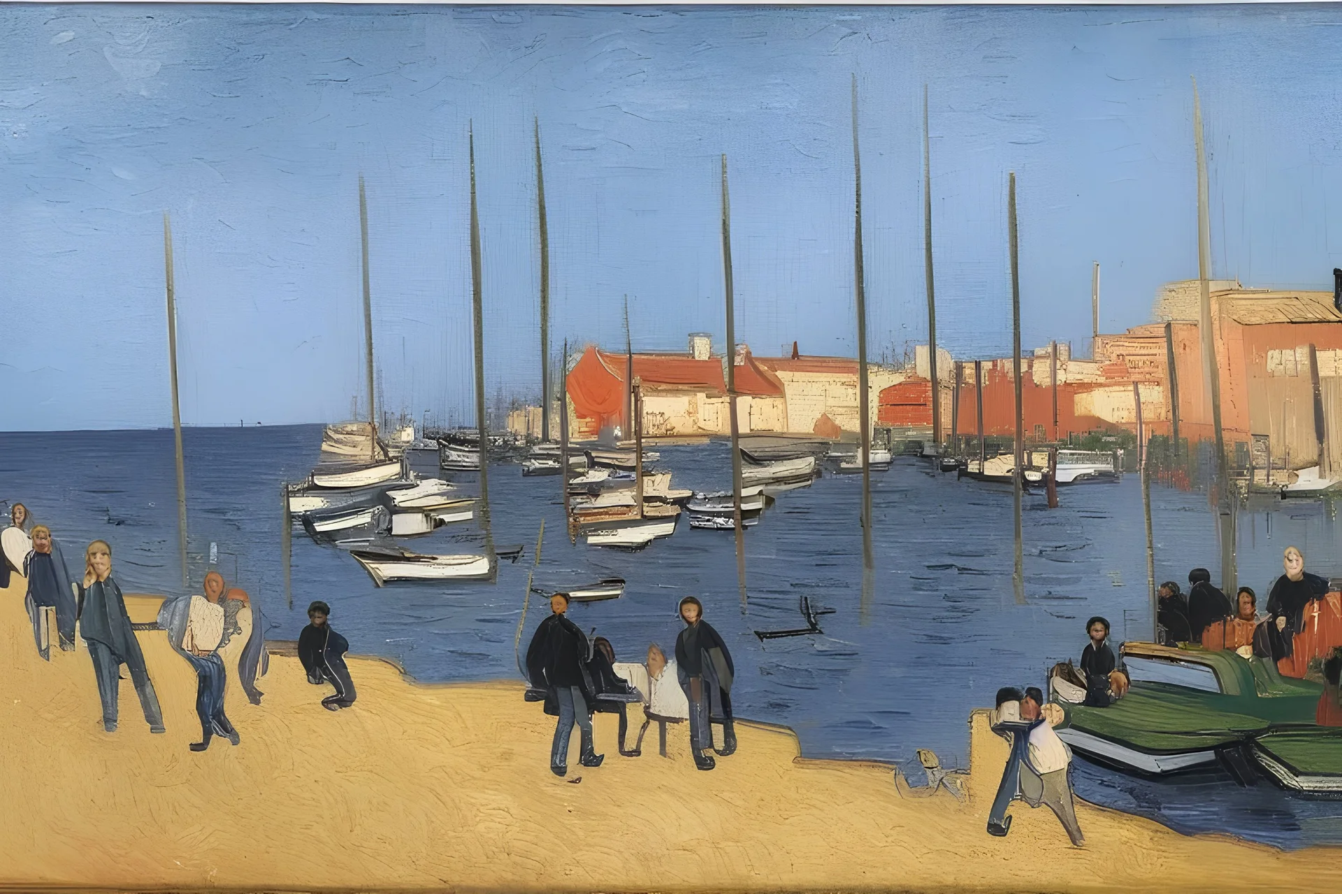 12 men in a group eating tapas at the ocean marina with boats innthe background,van Gogh style, alicante, Oil painting,