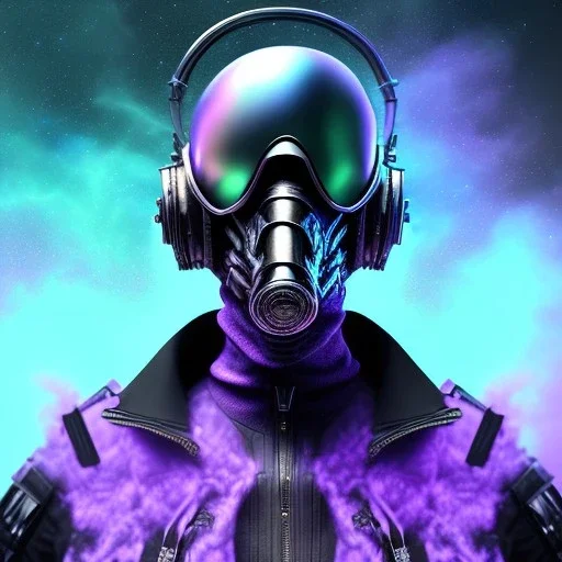 full body apocalyptic purple masked villain in galaxy, teal and purple smoke, detailed, realistic, 4k