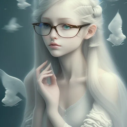  three girls, glasses, sueter, to bleed white lonely wind detailed wing of three tattoo fish princess, long white hair, cute, small girl, symmetrical, emotionless, big dreamy eyes, intricate, colored hair, dead eyes, emotionless face, long white hair, short, cute, Line art, small girl,Parametric Galaxy Hair, lady, Portrait, full body, realistic painting, detailed, medium shot concept art portrait by Greg Rutkowski,