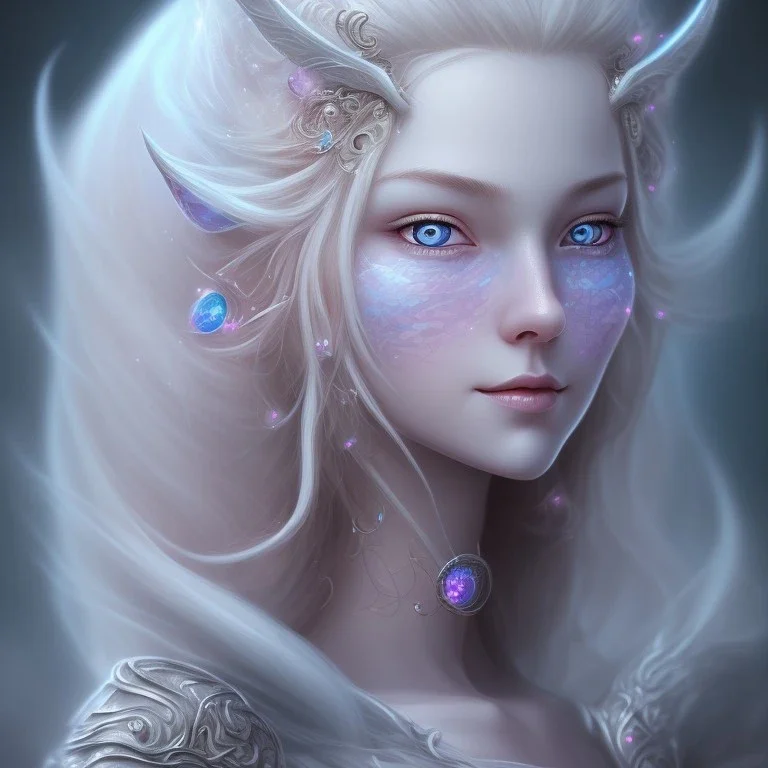 visage souriant, fée magicienne du nord, fantasy, bleu et rose grands yeux bleus, cheveux long blond