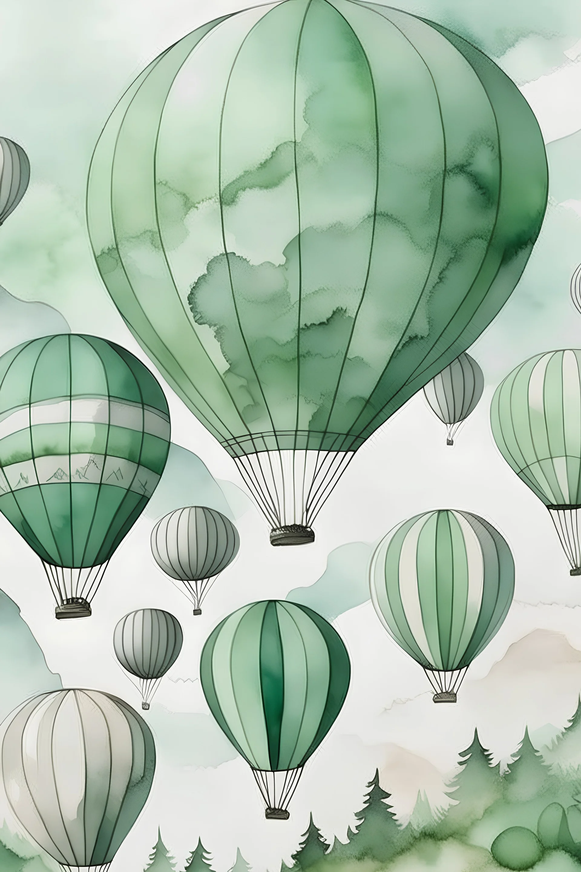 Hot air balloons, distance, art watercolor light soft monochromatic green silver transparent