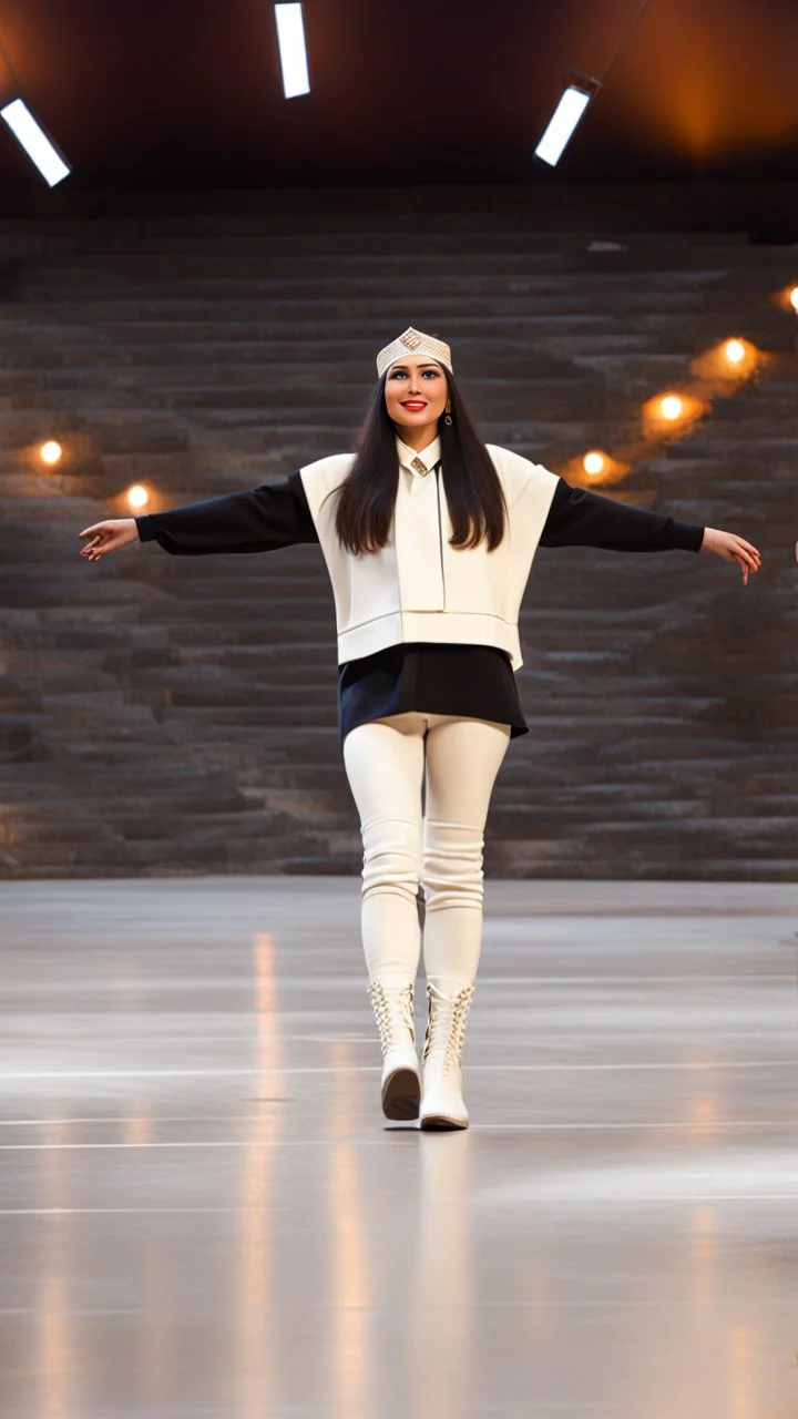 A full-body shot of azeri lady,long black boots ,tight blue pants ,a hat on head