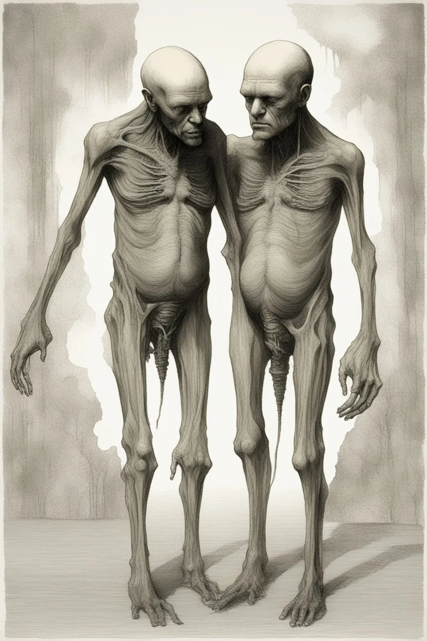 The full bodies of two fat old men , holding their heads on each other shoulders , front view camera, decayed and rotting with grotesque proportions and imagery. surreal horror, biomechanical design, by hr giger and beksinski , fine lines draw
