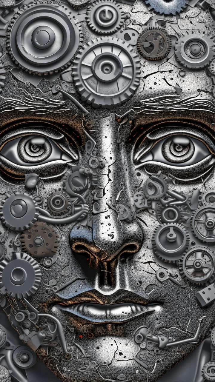 Bosch style painting , A balled face in details . The texture of the face is a collage of many 3D gray metallic clock gears and screws covering the whole face and the eyes are covered by caves figures