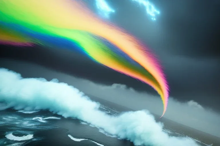 precise digital photo of a rgb random multicolour tornado made of smoke particles, over a stormy ocean, high waves colliding with the smoke, foam, intricate, 8k, extremely detailed, cgi, hyperrealistic render, volumetric lighting, impressive volumetric clouds, vitality colors, double precision