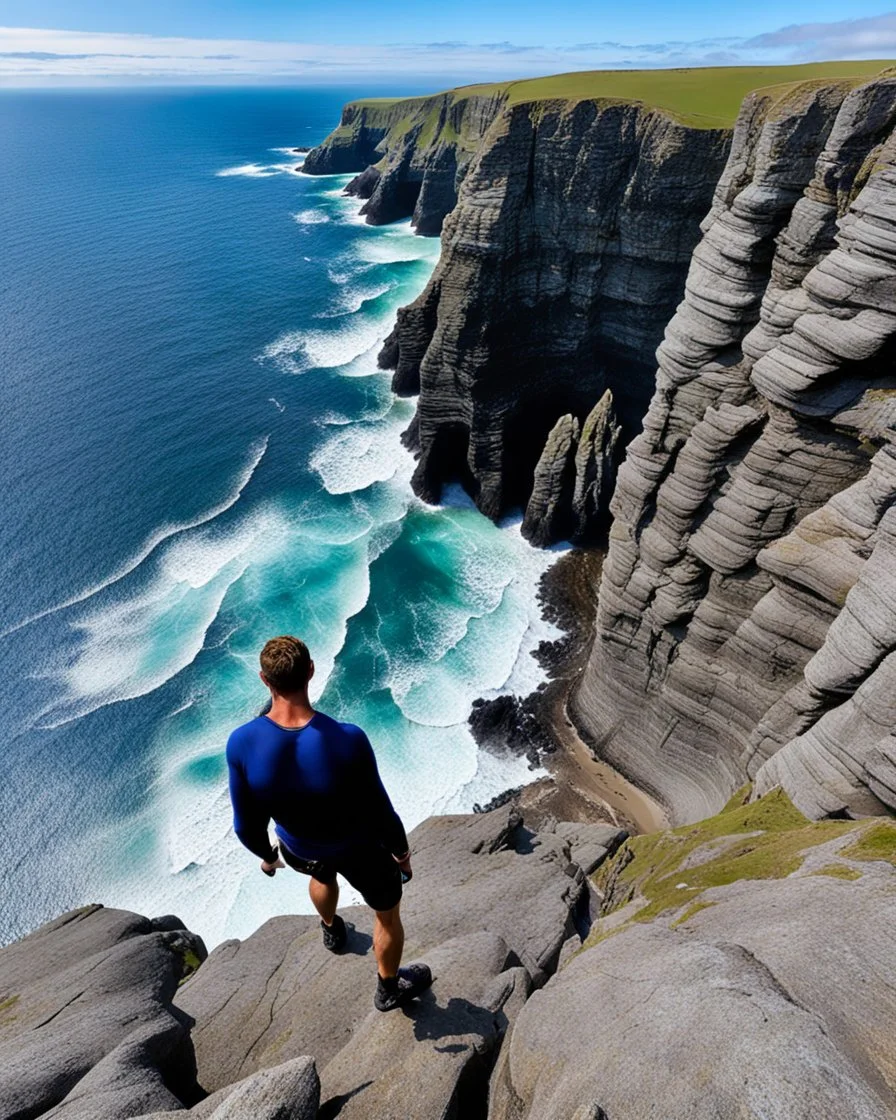 from the point of view of a rock climber, look down at the ocean rocks below as you climb high into the bluffs of ireland. holding on to the cliff face, the ocean below storms and swirls around a giant whirlpool