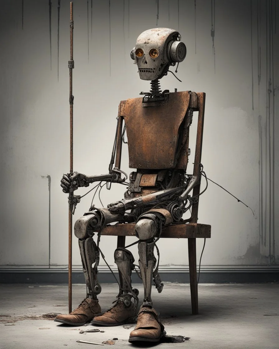 contradiction skipping a presumed egoist overload over subsystem, weak absurd vibe, a # 72, Matt Jones, swoosh dynamics, unexpected improbability, tired old rusty scrappy robot sitting in a shabby chair with a walking cane, amazing reflections