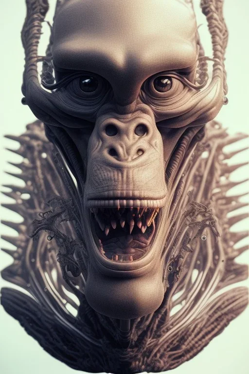 ape alien, head,8 eyes, evil, 8k, with hairs, finely detailed, photo realistic, HR Giger style