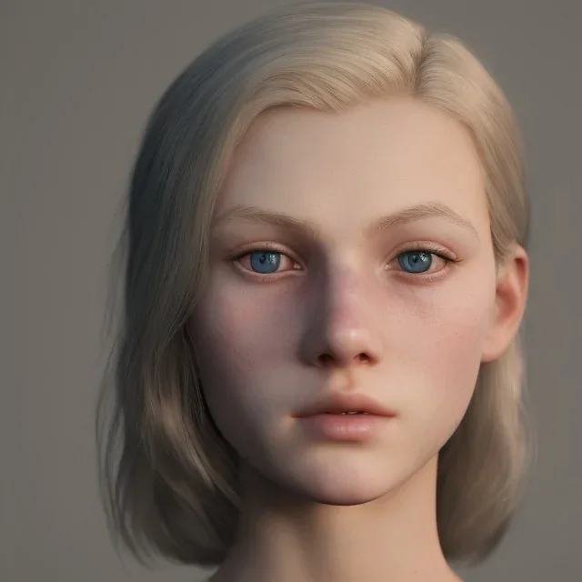 16 years old women, named Gretchen Marie Bernath - light-blonde hair, round blue eyes, medium cold skin tone, defined jawline and cheek bones, full eyebrows, natural, mature, warrior, hard worker, strong, enduring, cocky, caring, dramatic, confident