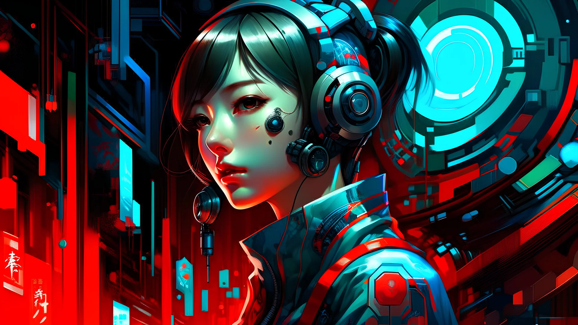 A digital painting by Kuniyoshi and Kandinsky of tech hot cyborg girl inside a futuristic matrix.