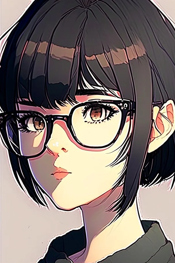 a close up of a person wearing glasses, kpop amino, flat icon, girl wearing round glasses, short black hair with bangs, dora the explorer as real girl, style of hajime isayama, profile picture 1024px, small round face, short bob hair, twitter pfp, photo of the girl, !!wearing modern glasses!!, || very anime