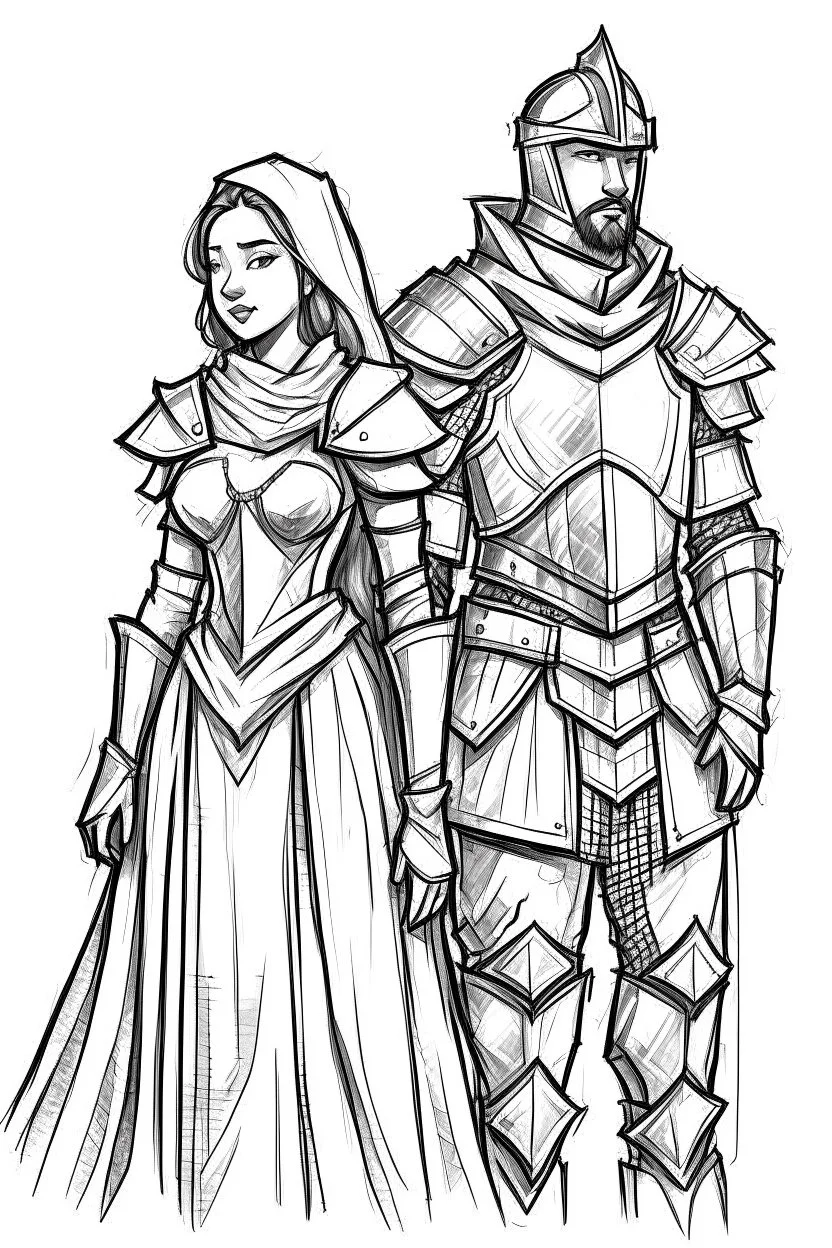 Sketches drawing knight and princess