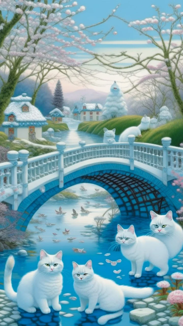 in the center: beautiful chunky white cats playing on a bridge with grey mice, under the brigde flows a small blue river; background: landscape, first plan: pink flowers: white clouds in shape of cats, season: winter and snowfall