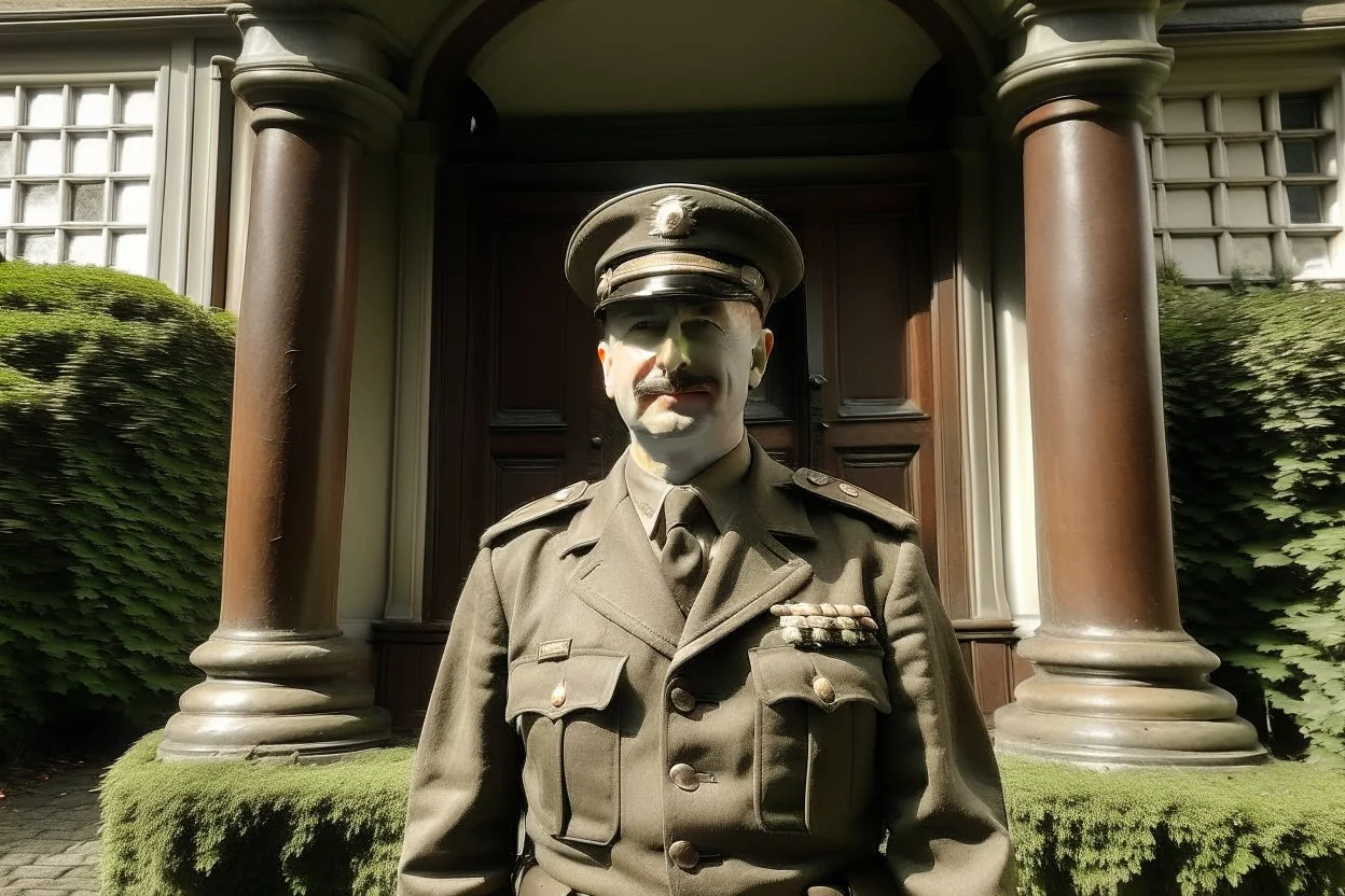 ww1 cop close-up, ww2 mansion entrance background