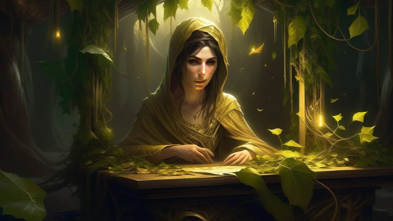 surreal woman covered in vine leaves, small table and worn canvas with a sketch , concept art 8k ,HD, high detail, cinematic lighting , epic scene, illustration, concept art, Greg Rutkowski, Charlie Bowater, matte painting, golden