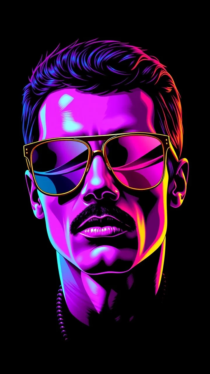 WPAP Pop art style Freddie Mercury Sunglasses outside emboss 3d shiny cubis mirrors glass minimalist Neo Surrealisme Unique surrealistic artwork brutal multicolor neon colors,find details,UHD neons,black background