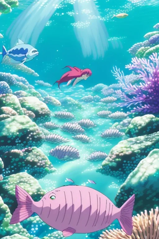 Underwater scene, a cute mermaid with pink hair and shimmering tail, rock, calm water, fish, beautiful colors, fine detail, high quality, seashell, octopus, mystical