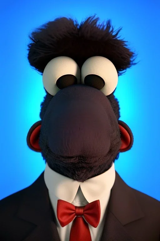 Waist up muppet Portrait, Xi Jinping as muppet doll, Black suit, red tie, photo studio, blue background, unreal engine 5, concept art, art station, god lights, ray tracing, RTX, lumen lighting, ultra detail, volumetric lighting, 3d.