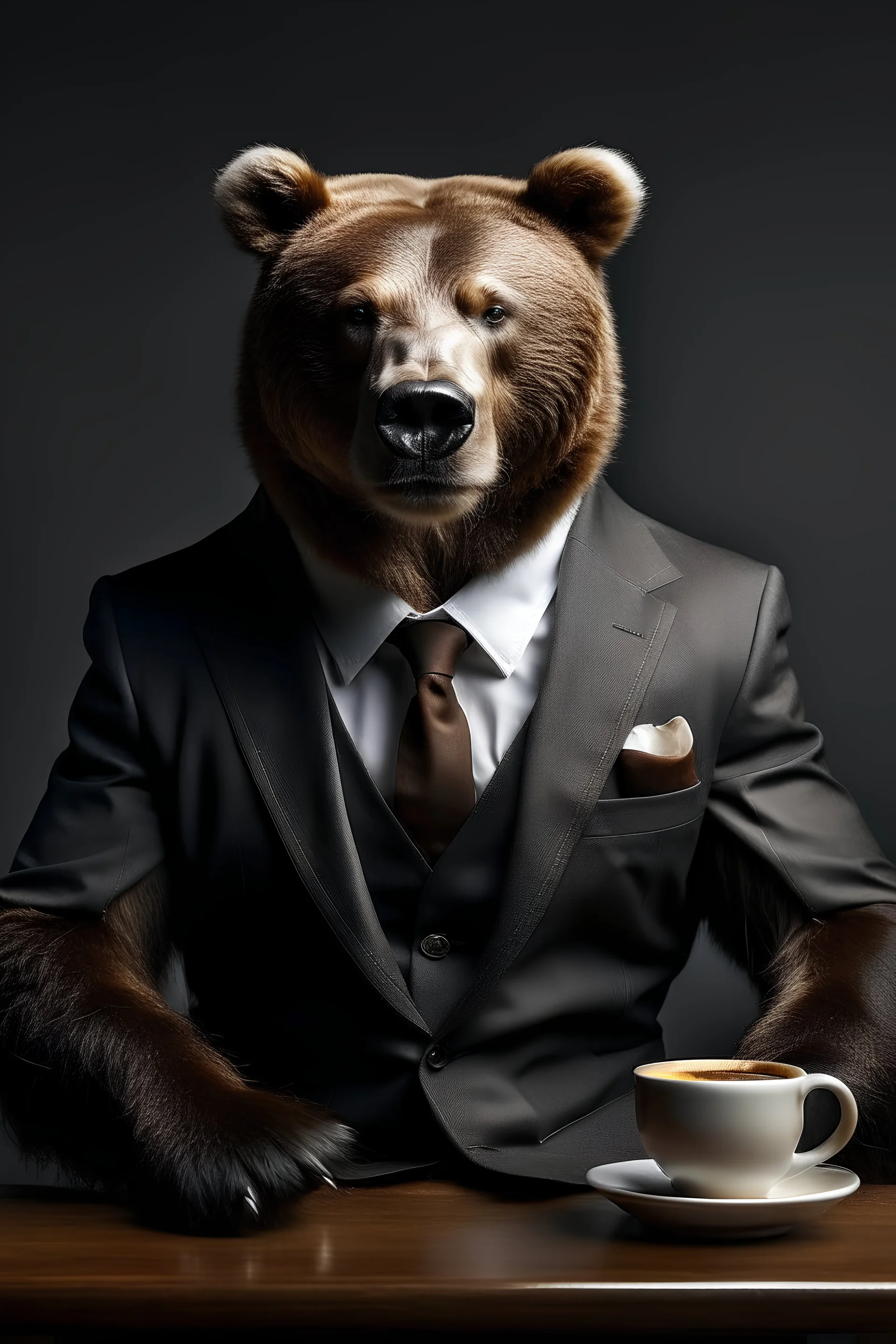 A Hidden bear wearing a business suit drinking coffee