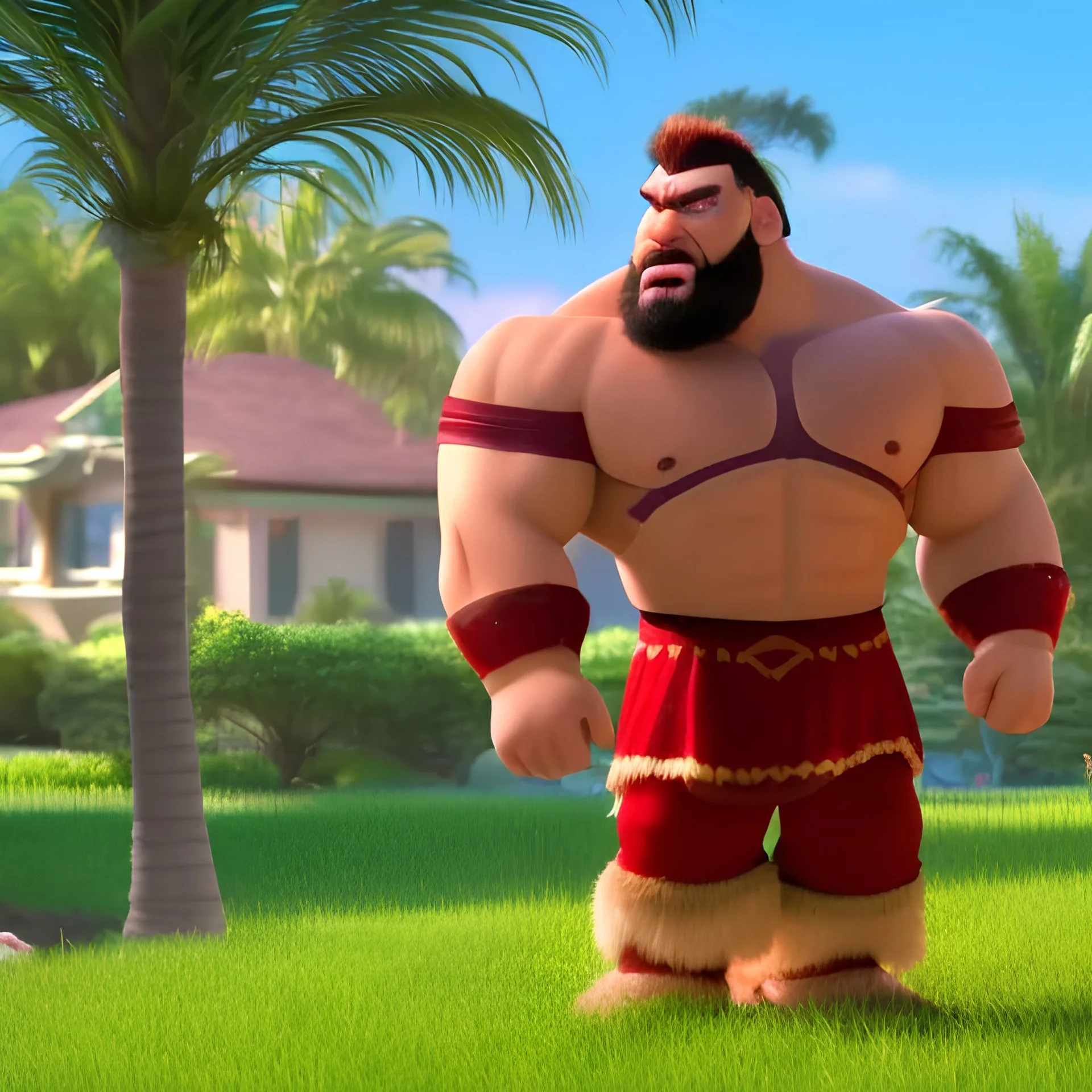 Roman Reigns as Zangief, sitting in a lawn chair in suburbia