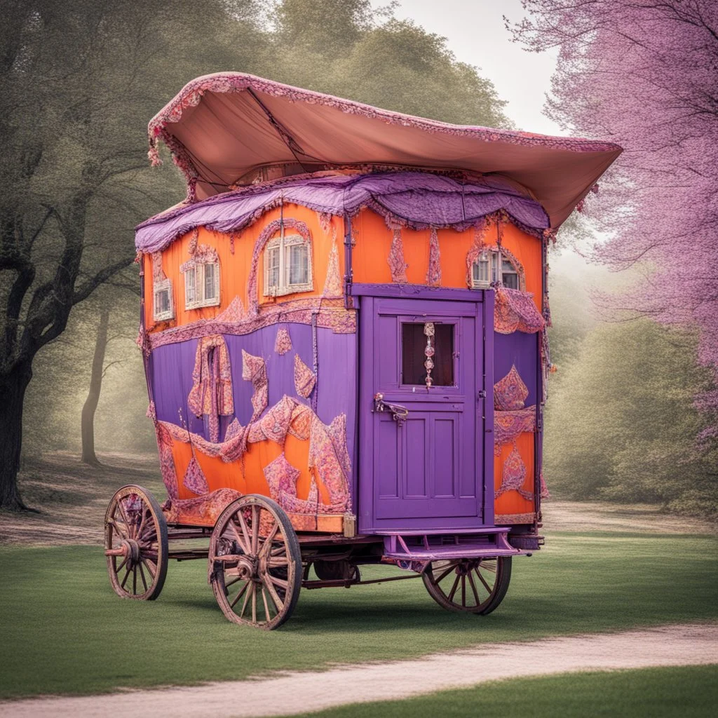 Old fashioned purple, orange and pink gypsy wagon decorated, curtains fluttering in the wind