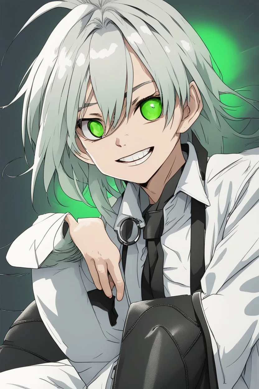 plauge doctor in balck leather clothes with silver hair, pale skin and bright green eyes smiling with sharp teeth, nice young face