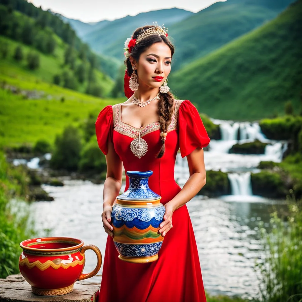 a woman in a red dress holding a vase, creative colorfull - makeup, with professional makeup, hand built ceramics, very very very beautiful face , nice country side with hills ,waterfall over a river with clear water,girls with perfect pretty face in folk costums and a jar, filling their jugs with water and some of them leaving while carring there jugs in there shouldes and 1beautiful girl with jug in shoulder in closeup , very nice mountains at distant, nice clouds in sky ,wide green field wi