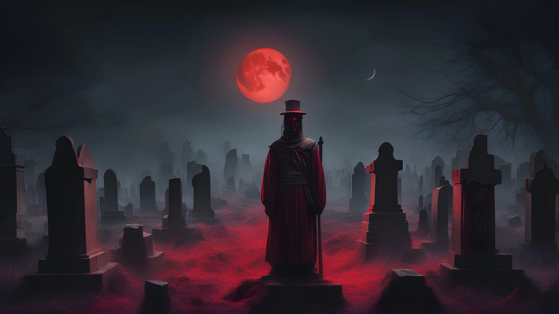 A cemetery guard from ancient times, on a black night, brings the dead out of the graves under the red moon