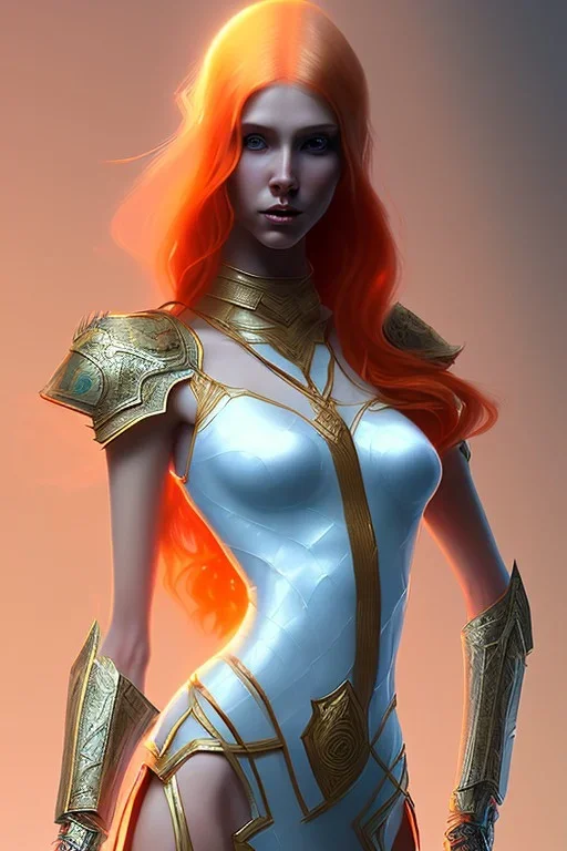 painting of a tall elven young woman with short light orange hair and freckles on the cheak bones and tall body of a topmodel light clothes, full body shot, ultra realistic, concept art, intricate details, eerie, highly detailed, photorealistic, octane render, 8 k, unreal engine. art by artgerm and greg rutkowski and charlie bowater and magali villeneuve and alphonse mucha