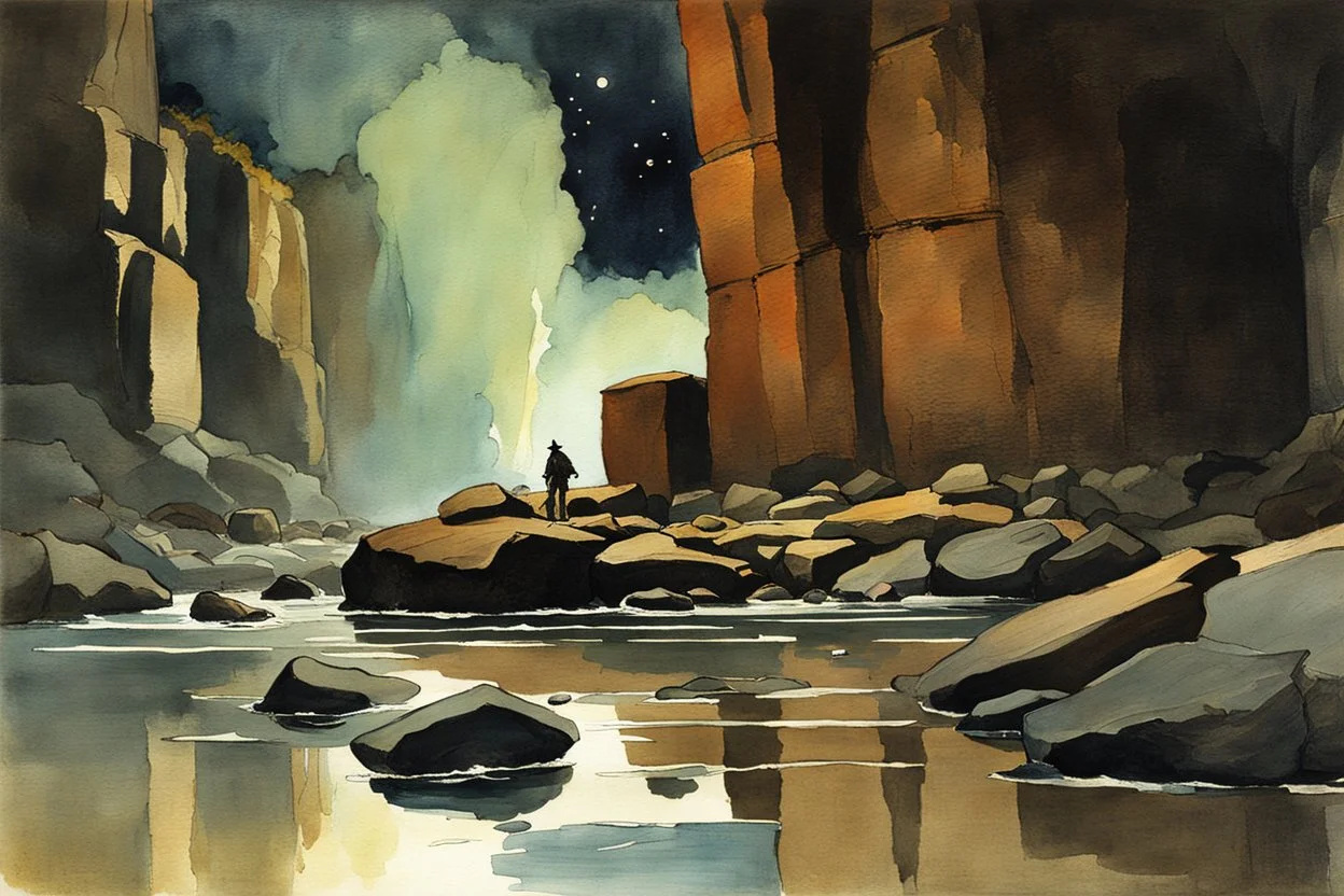 Night, rocks, cliffs, puddle, mountains, sci-fi, fantasy, very epic, winslow homer watercolor paintings