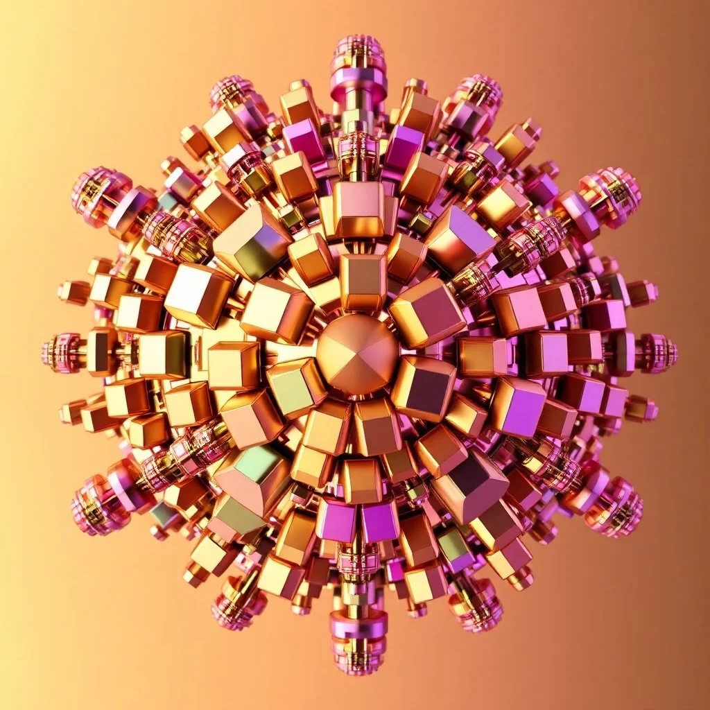 a mandelbulb 3d fractal made of small metallic random color cubes