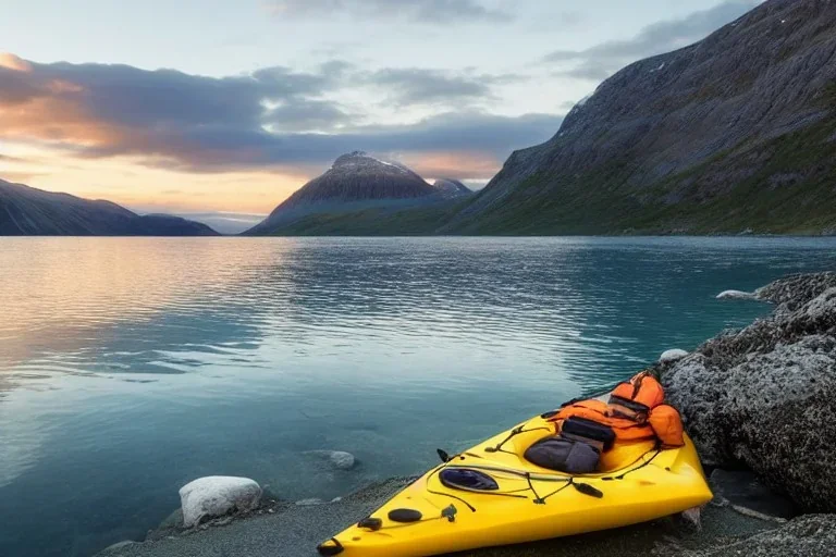 highly detailed glacial lake landscape, sunset, cinematic lighting, 4k, 8k, octane render, popular on 500px, pinterest, extremely detailed, ambient lighting, single frame, small fiberglass yellow solo sea kayak on rock pebble beach in foreground, norway, iceland, fjord