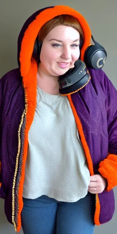 Brunette.thick thighs,thick calves,flat belly,curvy fell. big head. Mantle is sewed of upcycled Denim and sewed together of camouflage pieces. Pieces' color are orange, cream and purple. It is with big bright purple felt tippet and cream-colored-hood. mantle is merged with satchel. . Big AKG-style headphones (gold rings!) is merged with small felt cap with small visor. Style: Haute Couture in 1910's, N.Y.C fashion in 1996, inspired by street art 2023 Paris