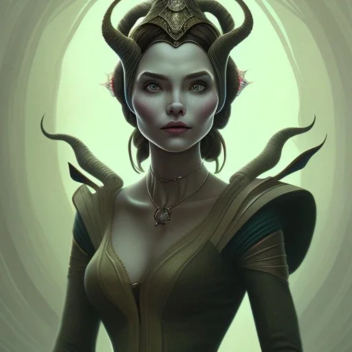 Portrait of old wiched " enchantress Morgan" with and mid-12th century elegant apparel.extremely detailed face,black clear Big eyes,perfectly centered image,intricate detail.korra character face style.and Kilian Eng art color with maleficent style horns