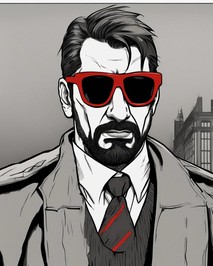 a young man with big muscles who looks like hans gruber wearing a heavy coat and red sunglasses staring with an irritated look on his face