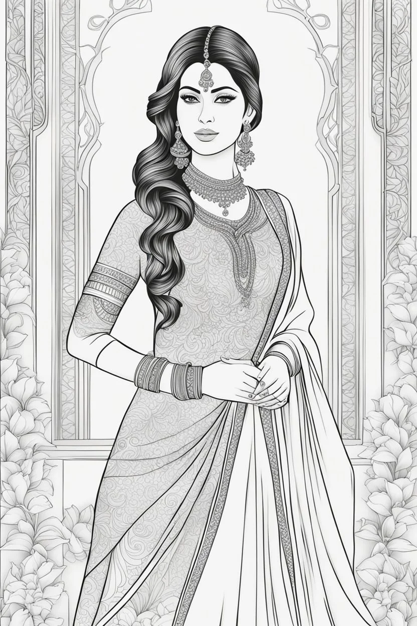 Coloring page for adults of a elegant fashion model woman wearing hindi dress, dynamic poses, full body portrait, thick and clean lines, clean details, no-color, no-turban, , non background, non color, non shading, no-grayscale, dynamic poses, full body portrait, thick and clean lines, clean details, no-color, no-turban, , non background, non color, non shading, no-grayscale