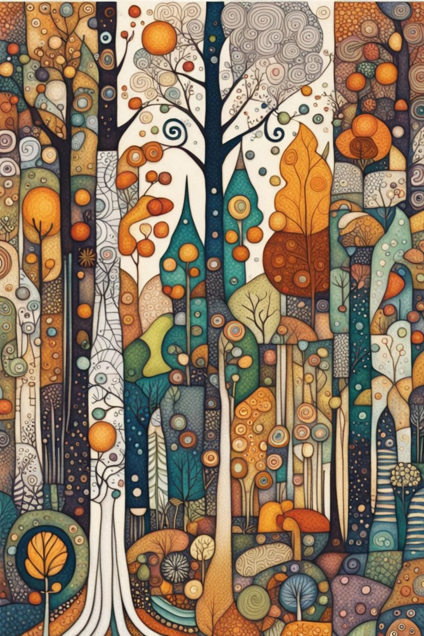 random color Zentangle patterns in the styles of Gustav Klimt ,Wassily Kandinsky, Paul Klee, and Kay Nielsen that depicts a a remote autumn forest glade, with fine ink outlining