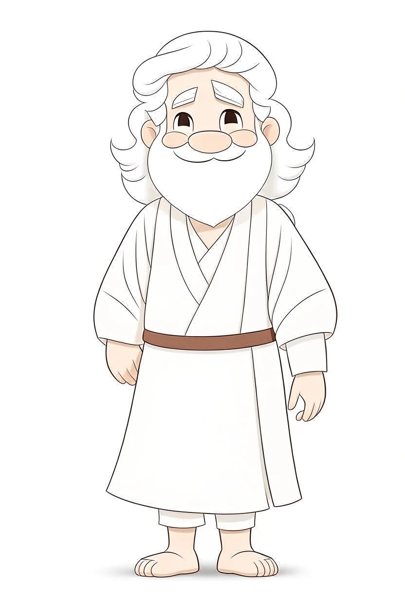 Disney style, white hair, white skin, white beard, coloring book, minimalism, simple lines, white background, STICKER, WHOLE BODY, A CUTE JESUS CHRIST, WAVY HAIR, BEARD, COVERING THE WHOLE BODY WHITE LONG TUNIC, LIGHT DOWN, HAPPY face , A detailed illustration, in the style of Studio Ghibli, 3D vector art, cute and quirky, fantasy art, Adobe Illustrator, hand-drawn, low-