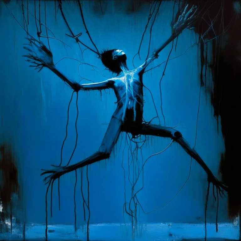 Minimal abstract oil painting of a upside down person limbs sinew twisted . Background of bright blue with random words. hanging wires illuminated at night. In the style of Justin Mortimer and Phil Hale and Ashley Wood