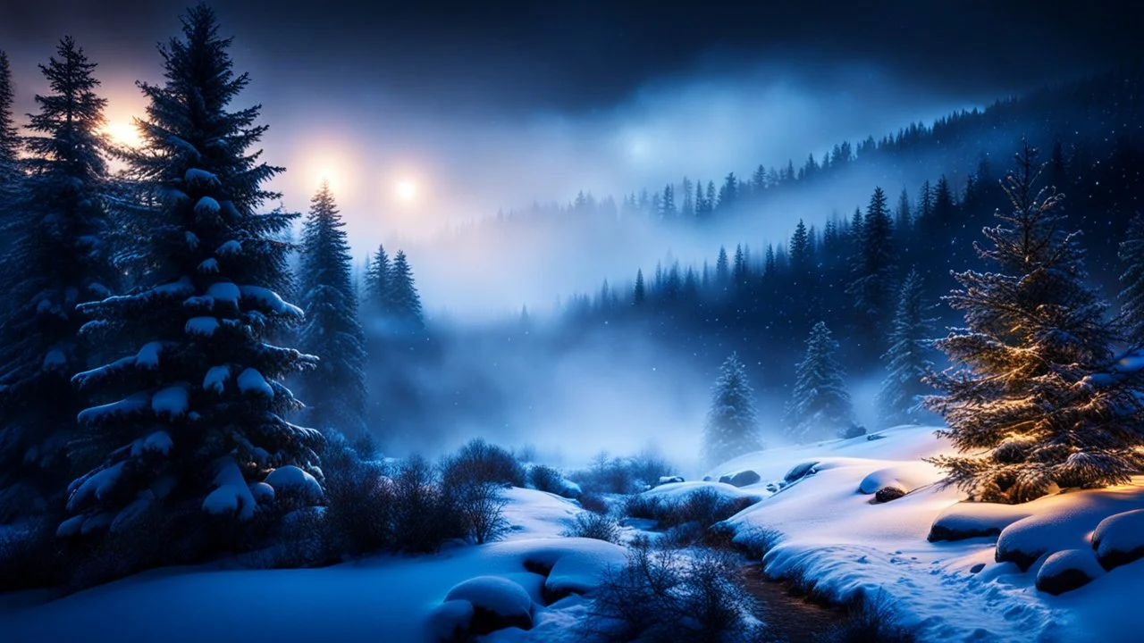 fir forrest scenery, heavy mist,valley,creek,forest,christmas ,tree,,nature,night,snow,fir tree,high-quality photograph,zeiss prime lens, bokeh , high detail, smooth render, unreal engine 5, dust effect, vivid colors,night