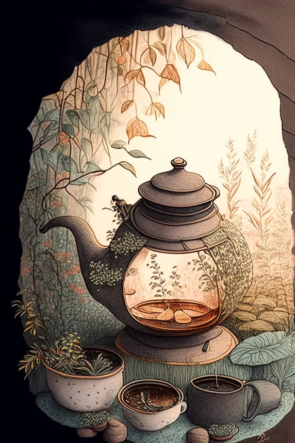 Cozy vibes drawing art tea pot, garden inside tea pot