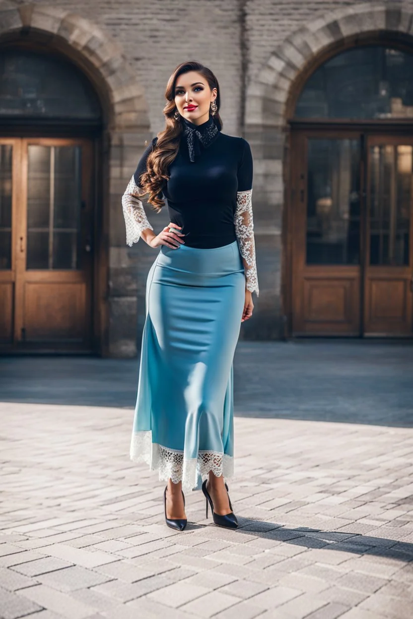 full body of very beautiful girl midi skirt and blouse , curvy hair with small cap and lace scarf ,standing idle happy pose in studio pretty makeup