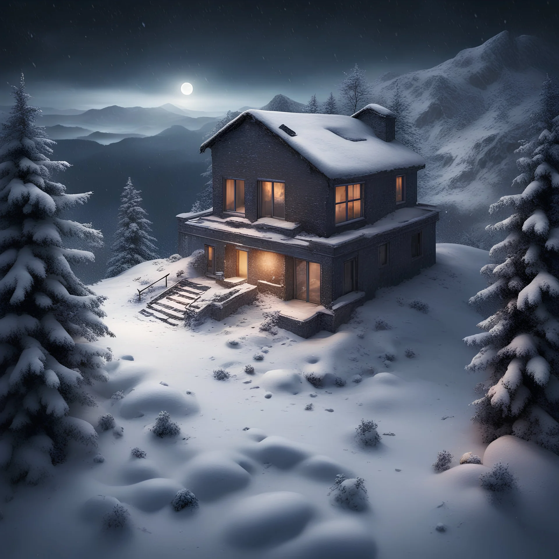 Hyper Realistic areal view of an abandoned house on the top of a mountain at heavy snowfall night