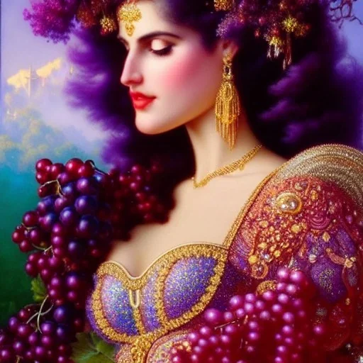 Hyperdetailed oil on canvas, gia carangi, detailed face, long hair, surrounded by luminous colorful sparkles, gypsy, grapes, blueberries, plums, sumac, purple by anne stokes, gaspar camps, maxfield parrish, alphonse mucha, cyril rolando, airbrush, depth of field, octane render, volumetric lighting; deep colors, symmetrical, cinematic, high coherence, golden ratio, rule of thirds, perfectly centered; anatomically correct faces, by james r. eads, ilon wikland art, vladyslav yerko, joanne scribner