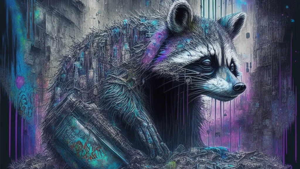 Graffiti trash panda; neo-surrealism dystopian eldritch elegant fantastical intricate hyperdetailed holographic magnificent meticulous mysterious ominous